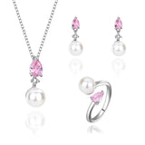 S925 Sterling Silver Pink Drops Earrings Necklace Ring Set