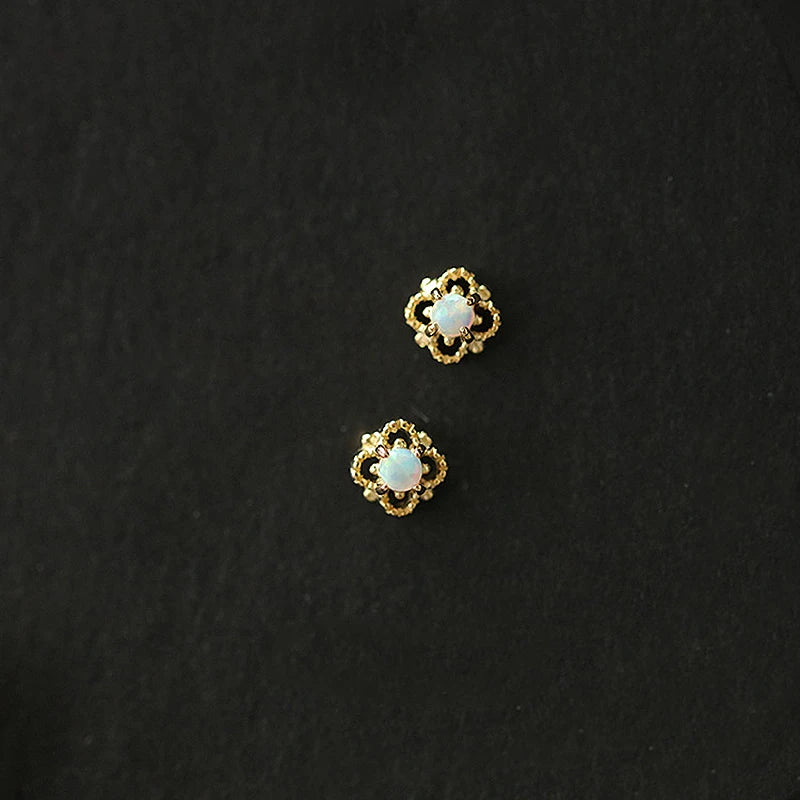 S925 Sterling Silver Plated Earrings Vintage Hollow Diamond Mini Opal Students