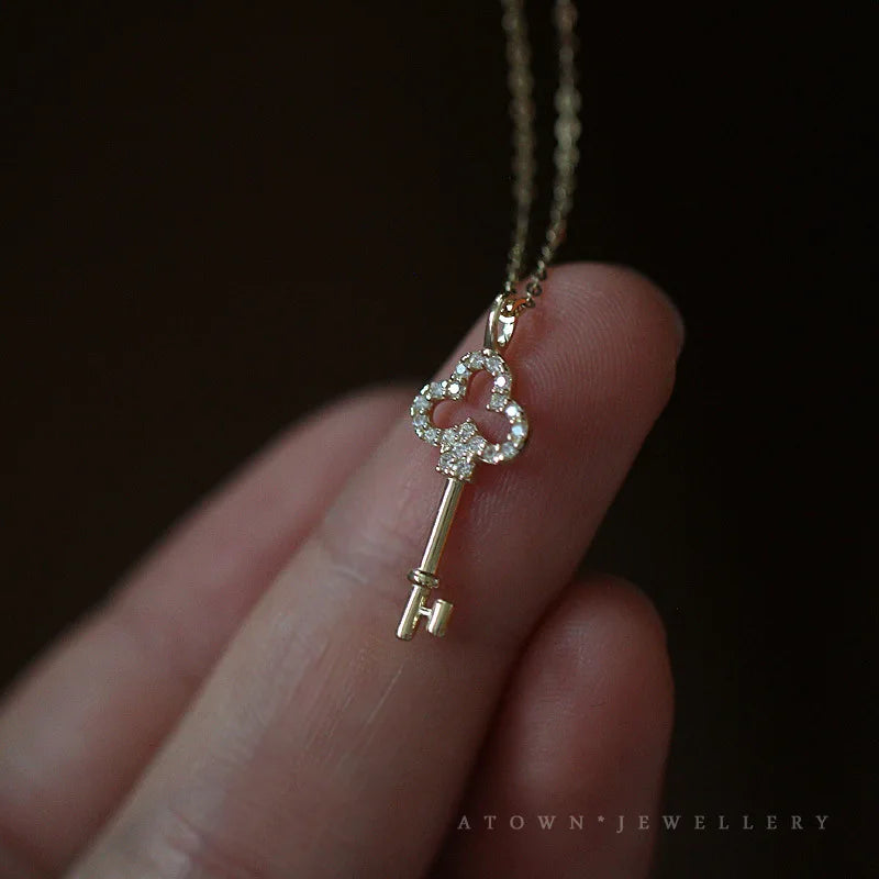 S925 Silver 14K Necklace Key Pendant Diamond French Retro K Pendant