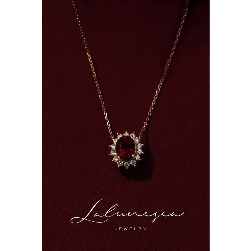 Gemstone Pendant Necklace 18K Ruby Retro Charm Zirconia Silver Plated