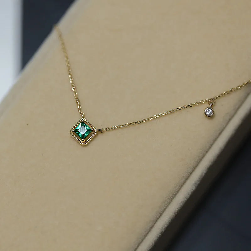 Retro Green Square Pendant Necklace 925 Silver Plating 14k for Women