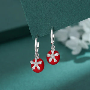 S925 Sterling Silver Red Leather Ball Zircon Earrings Light Snowflake Earrings