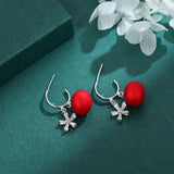 S925 Sterling Silver Red Leather Ball Zircon Earrings Light Snowflake Earrings