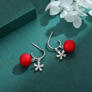 S925 Sterling Silver Red Leather Ball Zircon Earrings Light Snowflake Earrings