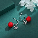 S925 Sterling Silver Red Leather Ball Zircon Earrings Light Snowflake Earrings