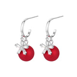 S925 Sterling Silver Red Leather Ball Zircon Earrings Light Snowflake Earrings