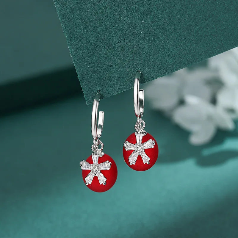 S925 Sterling Silver Red Leather Ball Zircon Earrings Light Snowflake Earrings