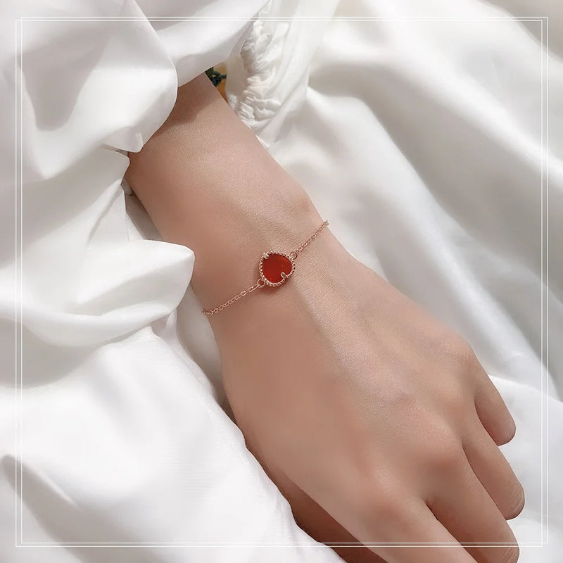 S925 Sterling Silver Red Love Charms Bracelet Red Agate Lady Sweet Ankle