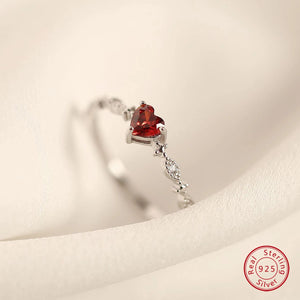 S925 Sterling Silver Red Zircon Heart Ring for Women