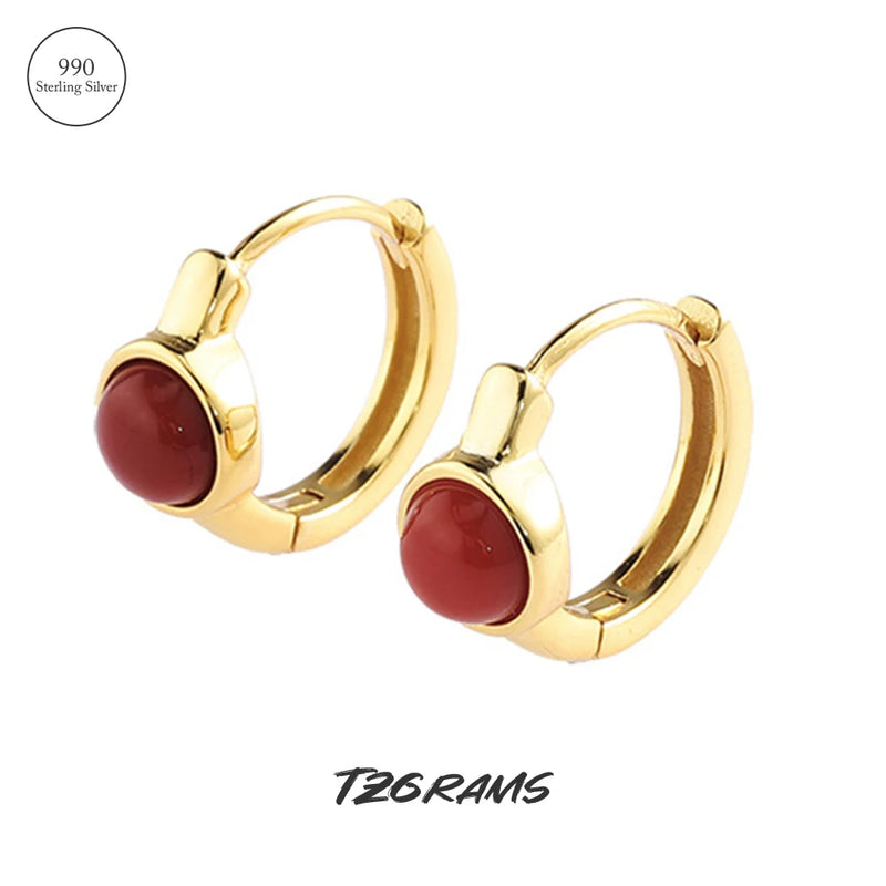 S925 Sterling Silver Natural Stone Red Agate and Jade Earrings