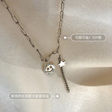 S925 Sterling Silver Retro Smile Star Necklace Female Statement Gothic Chain