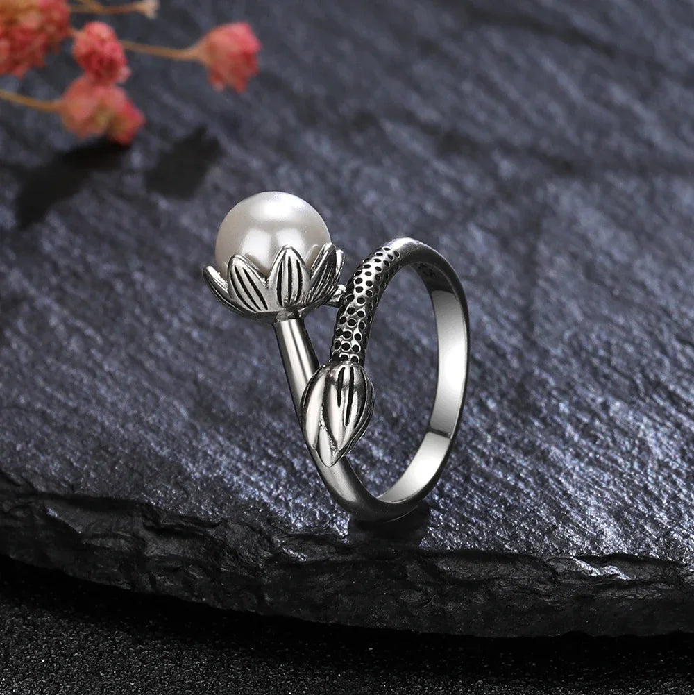 Vintage 925 Silver 8MM Pearl Flower Ring Women Jewelry Gift