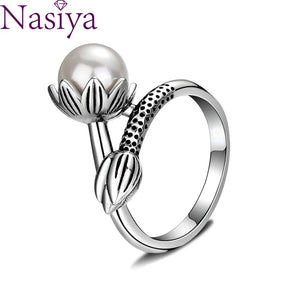 Vintage 925 Silver 8MM Pearl Flower Ring Women Jewelry Gift
