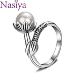 Vintage 925 Silver 8MM Pearl Flower Ring Women Jewelry Gift