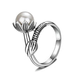 Vintage 925 Silver 8MM Pearl Flower Ring Women Jewelry Gift