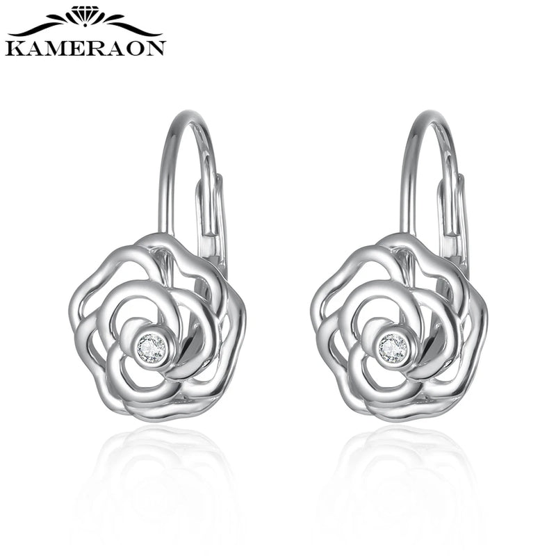 925 Silver Hollow Plant Flower Zircon Hoop Earrings for Women Girls