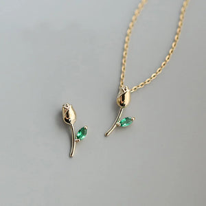 Sterling Silver Rose Flower Emerald Choker Necklace Pendant 14K Plated Jewelry