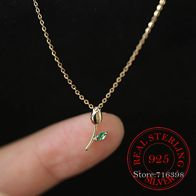 Sterling Silver Rose Flower Emerald Choker Necklace Pendant 14K Plated Jewelry