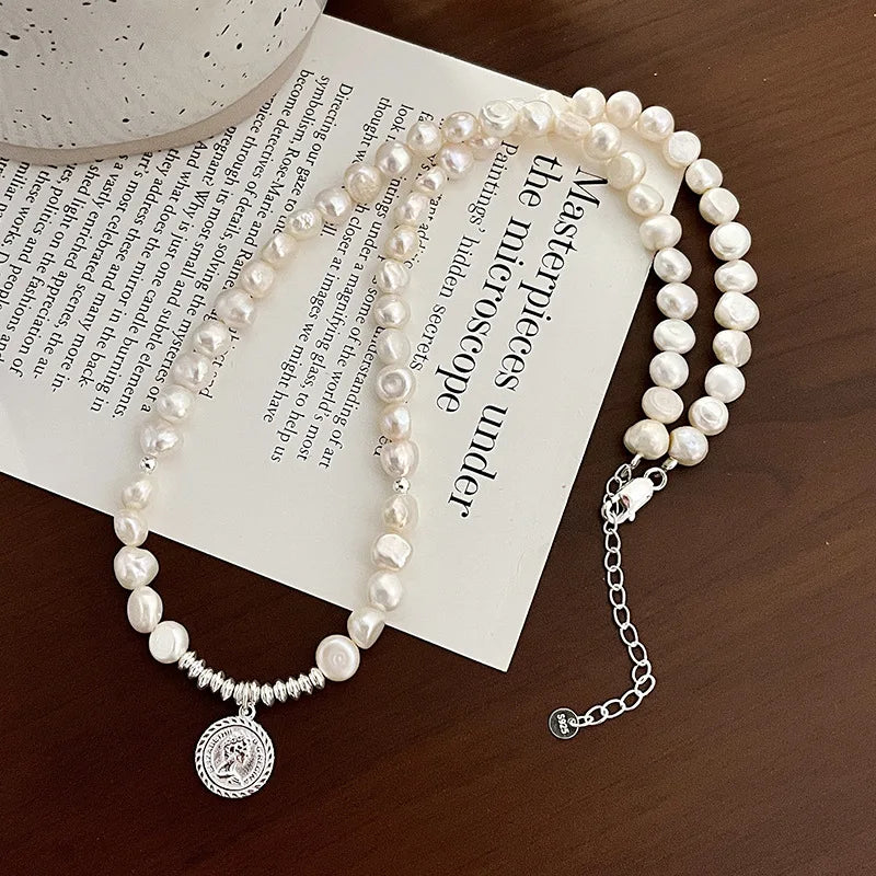 S925 Queen's Head Pearl Necklace European Clavicle Chain