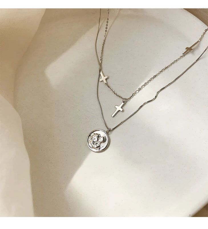 S925 Double-Layer Cross Necklace Gold-Plated Chain