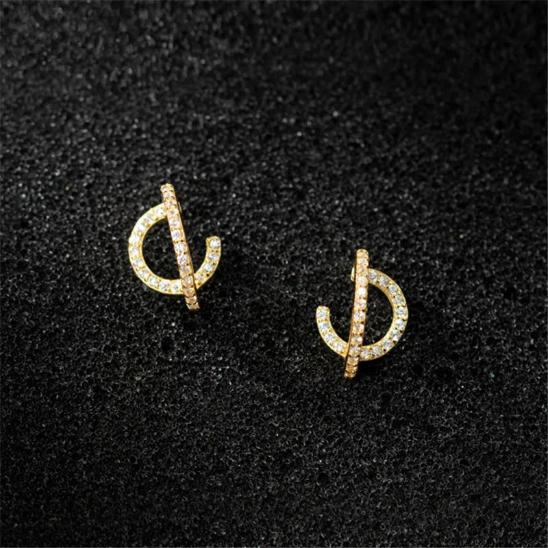 S925 Silver Row Diamonds Line Earrings Sweet C-shaped Semi-arc Stud Earrings