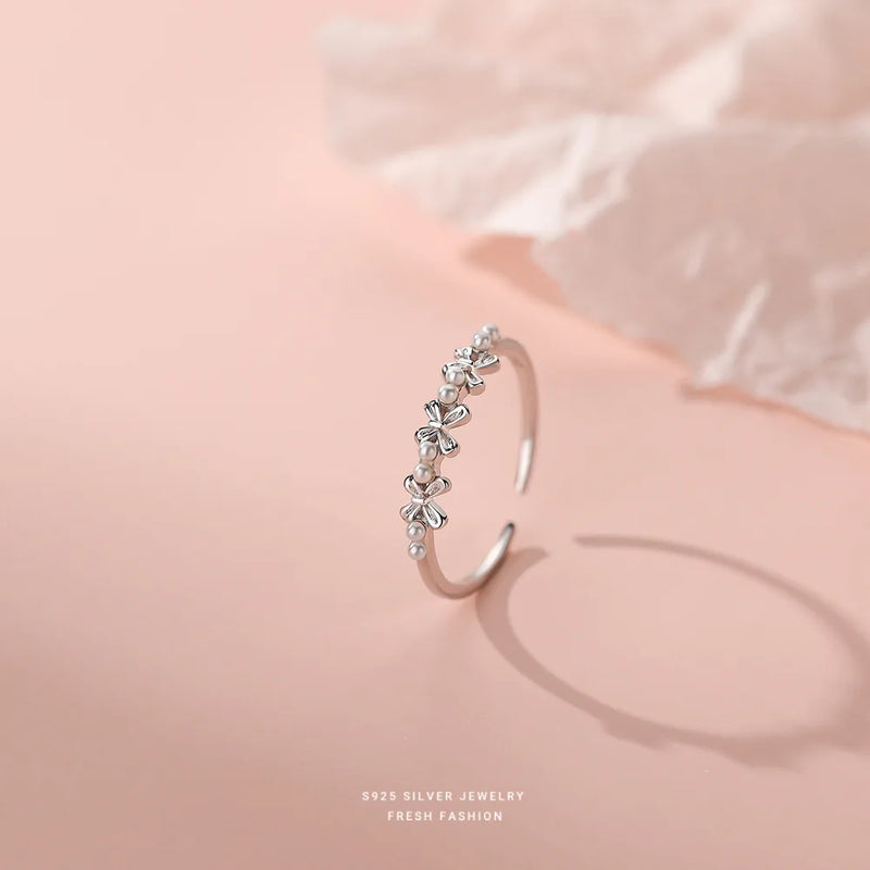 S925 Sterling Silver Pearl Flower Ring for Women