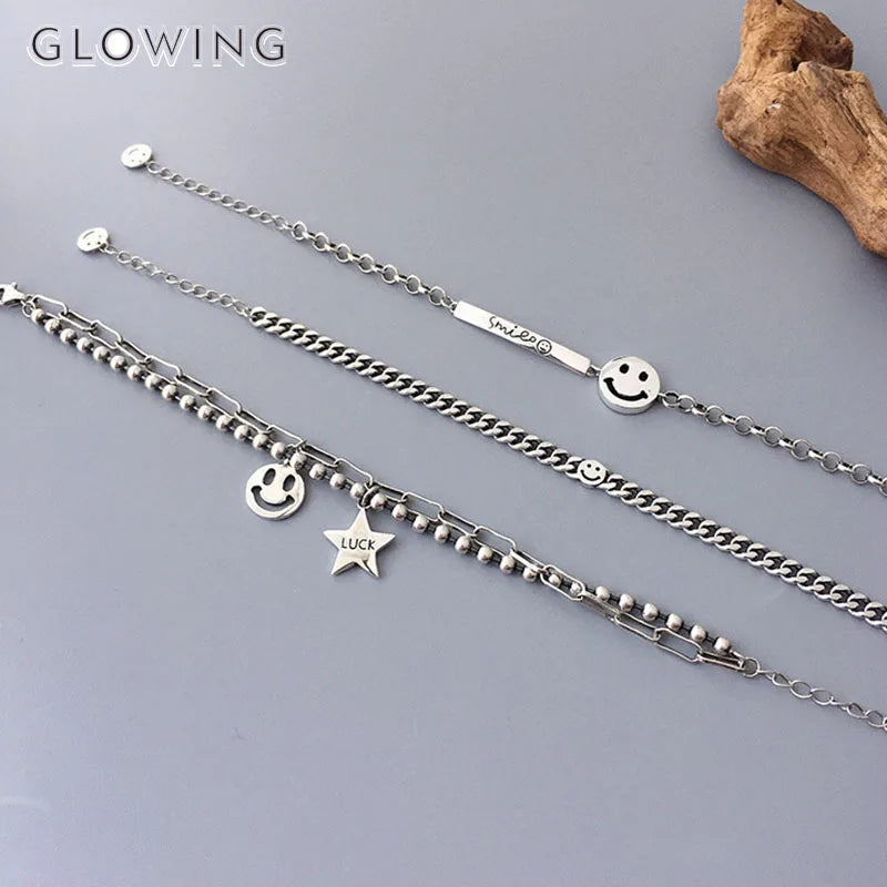Sterling Silver Smiling Face Charms Bracelet for Women Girls