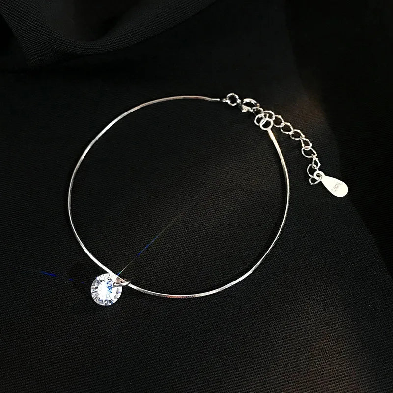 Sterling Silver Snake Bone Chain Couple Bracelet Zircon Adjustable