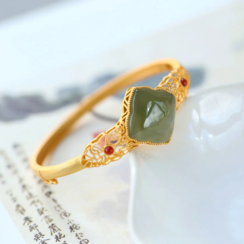 925 Sterling Silver South Red Bracelet Natural Hetian Jade Green Jade Clover
