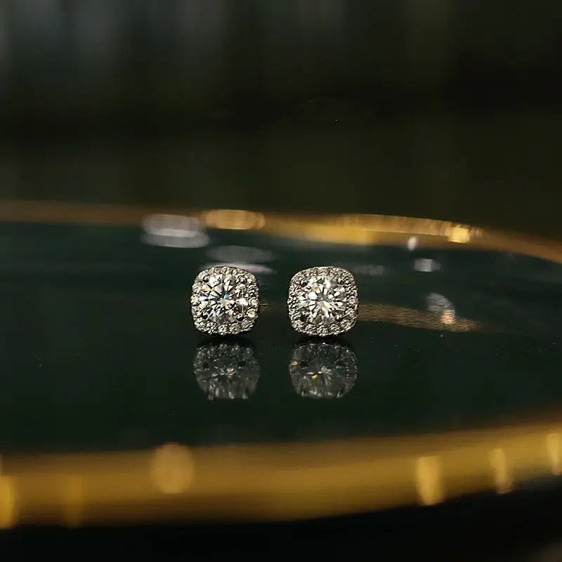 925 Silver Diamond Square Earrings, Delicate Style, Small Size