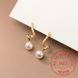 S925 Silver Spiral Crystal Pearl Stud Earrings 14K Plated Wedding Party Jewelry