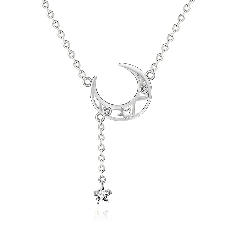 S925 Silver Star Moon Necklace Hollow Tassel Clavicle Chain