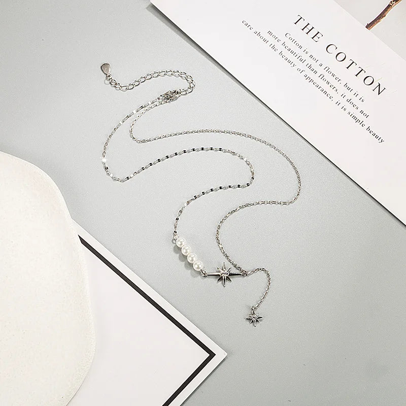 S925 Silver Star Necklace Women's Pearl Diamond Clavicle Chain Jewelry