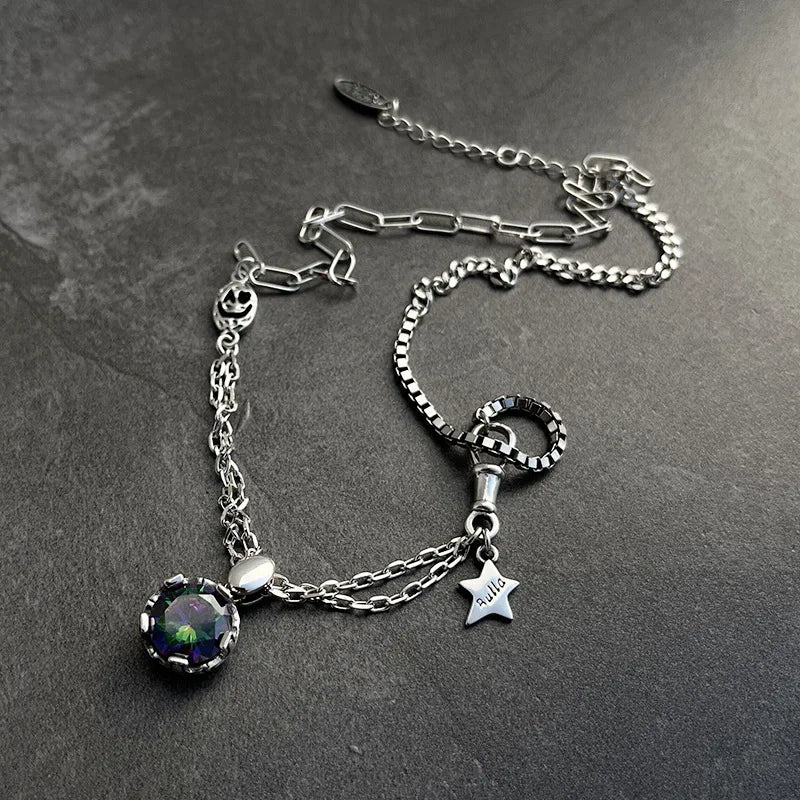 Sterling Silver Star Zircon Necklace Retro Sweater Chain