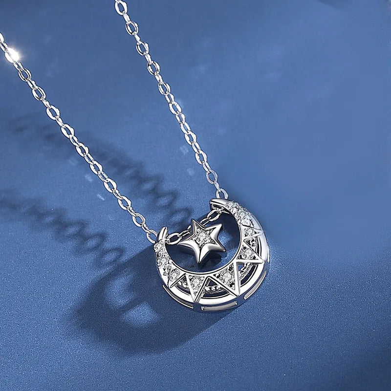 S925 Sterling Silver Star and Moon Diamond Necklace Female
