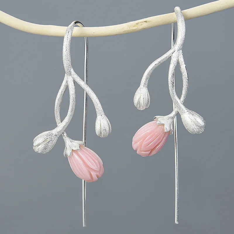 925 Silver Stud Earrings Jasmine Flower Jade Plating