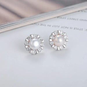 Sunflower Zircon Pearl Stud Earrings 925 Silver