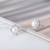 Sunflower Zircon Pearl Stud Earrings 925 Silver