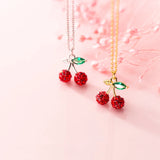 S925 Silver Red Zircons Cherry Fruit Pendant Necklace For Women