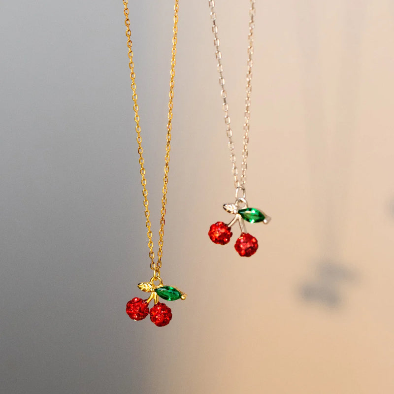 S925 Silver Red Zircons Cherry Fruit Pendant Necklace For Women