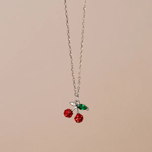 S925 Silver Red Zircons Cherry Fruit Pendant Necklace For Women