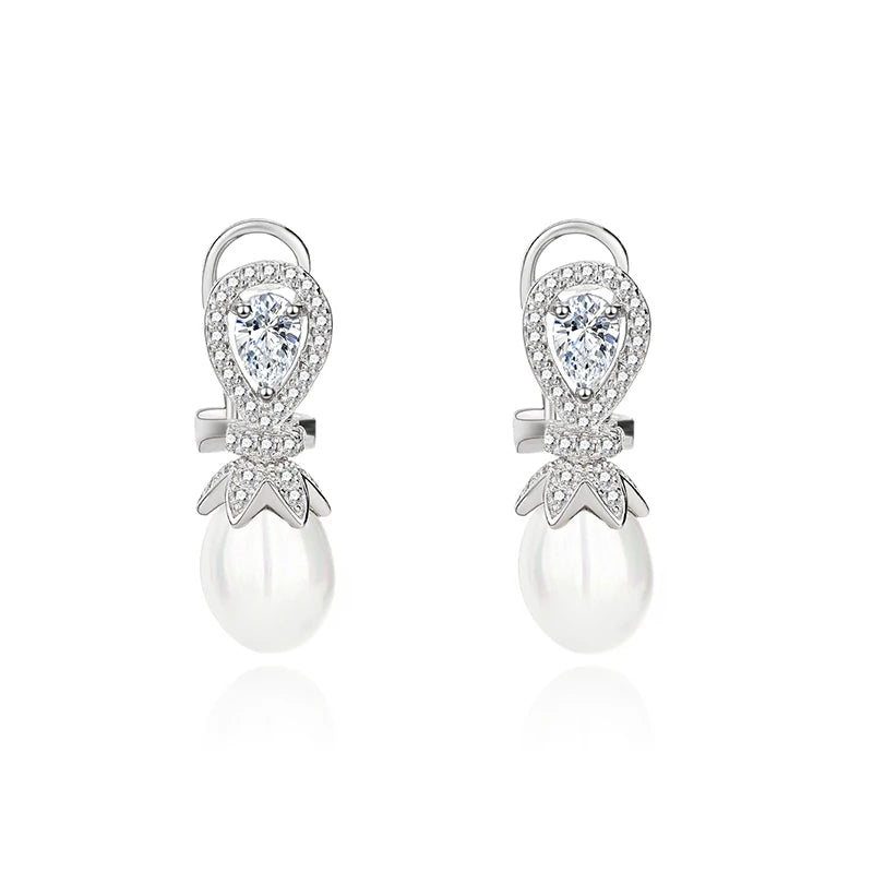 S925 Teardrop Zirconia Earrings with Pearl - Silver