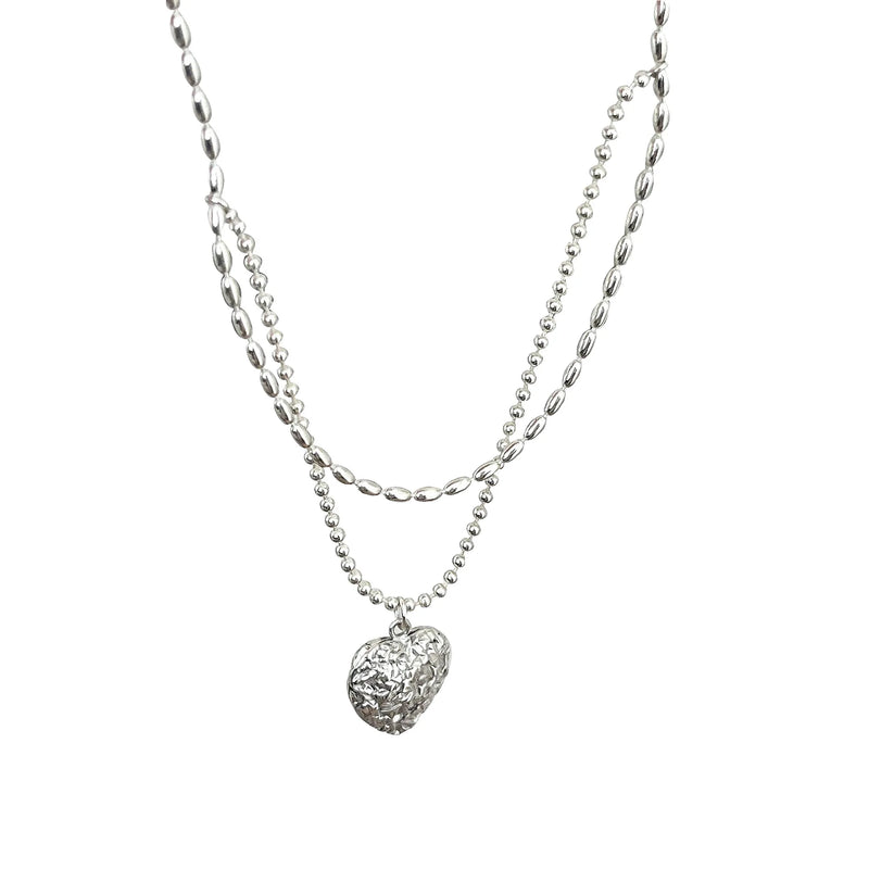S925 Silver Texture Love Necklace Light High-end Double-layer Rice Bead