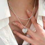 S925 Silver Texture Love Necklace Light High-end Double-layer Rice Bead