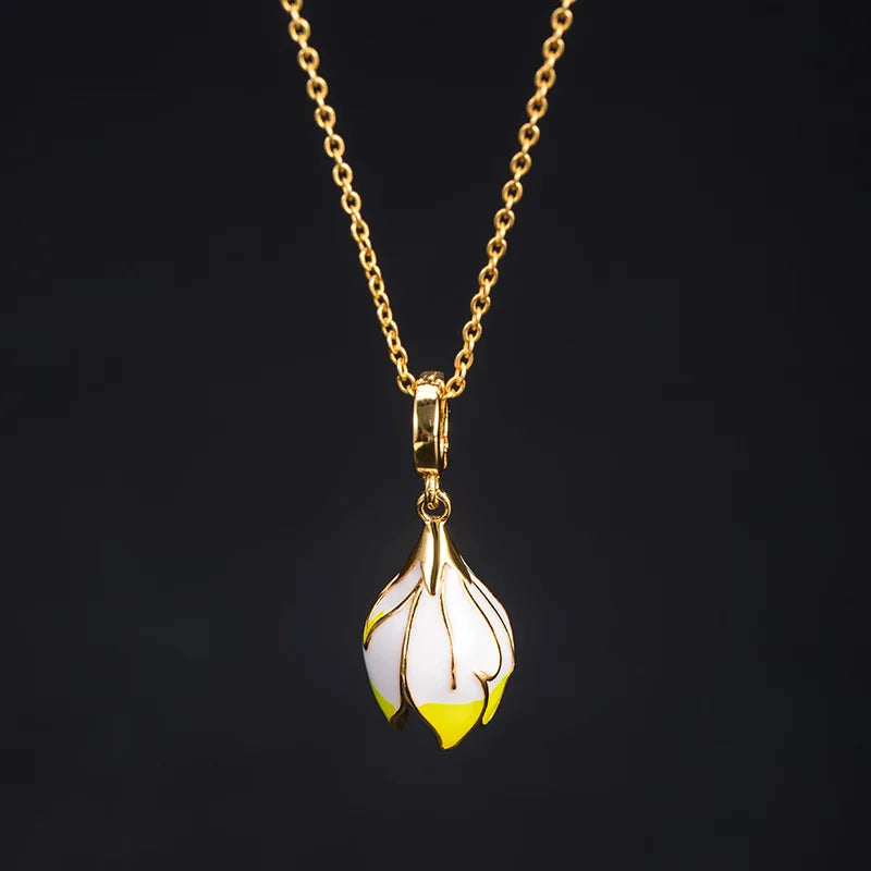 S925 Silver Magnolia Flower Necklace Epoxy Clavicle Chain