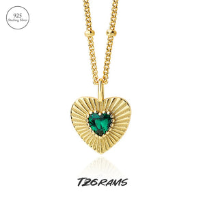 Vintage Heart Necklace with Emerald Charm - Sterling Silver Jewelry