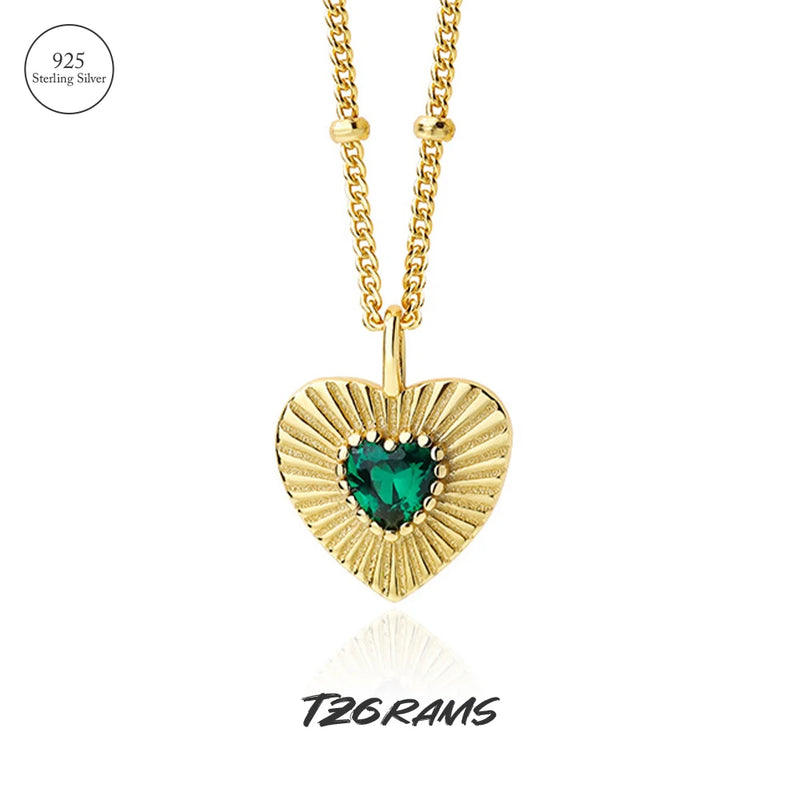 Vintage Heart Necklace with Emerald Charm - Sterling Silver Jewelry