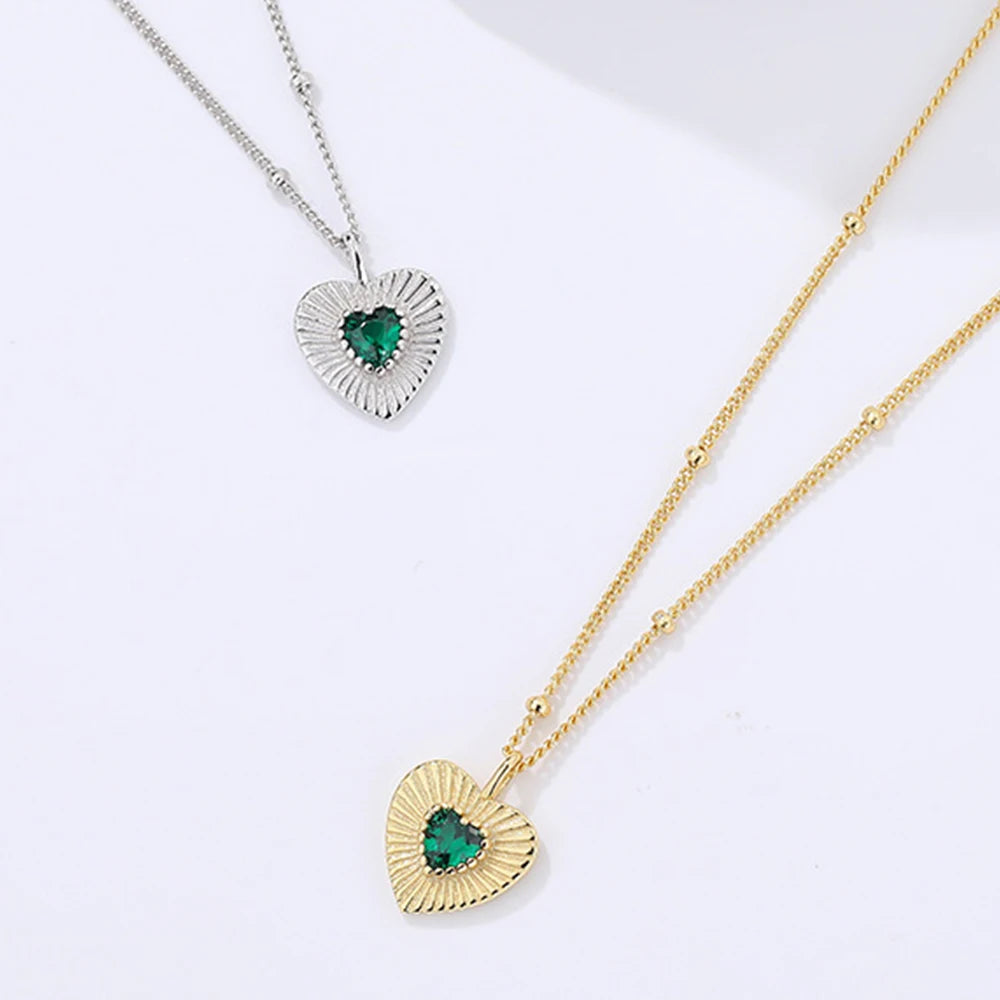 Vintage Heart Necklace with Emerald Charm - Sterling Silver Jewelry