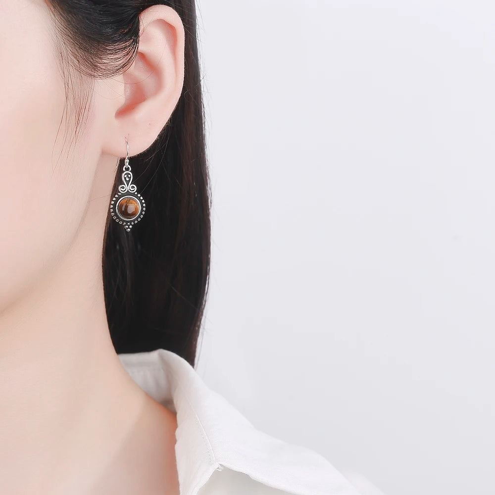 S925 Rhodochrosite Tiger Eye Drop Earrings