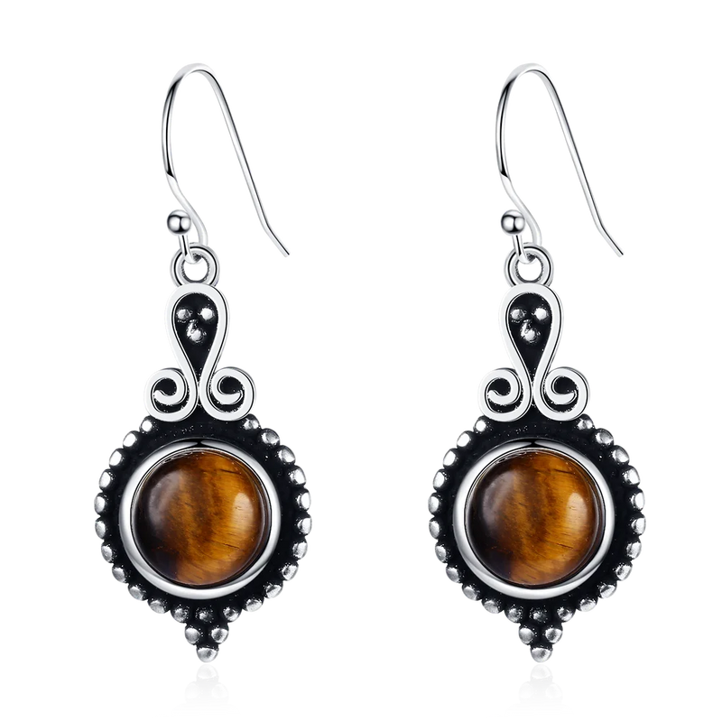 S925 Rhodochrosite Tiger Eye Drop Earrings